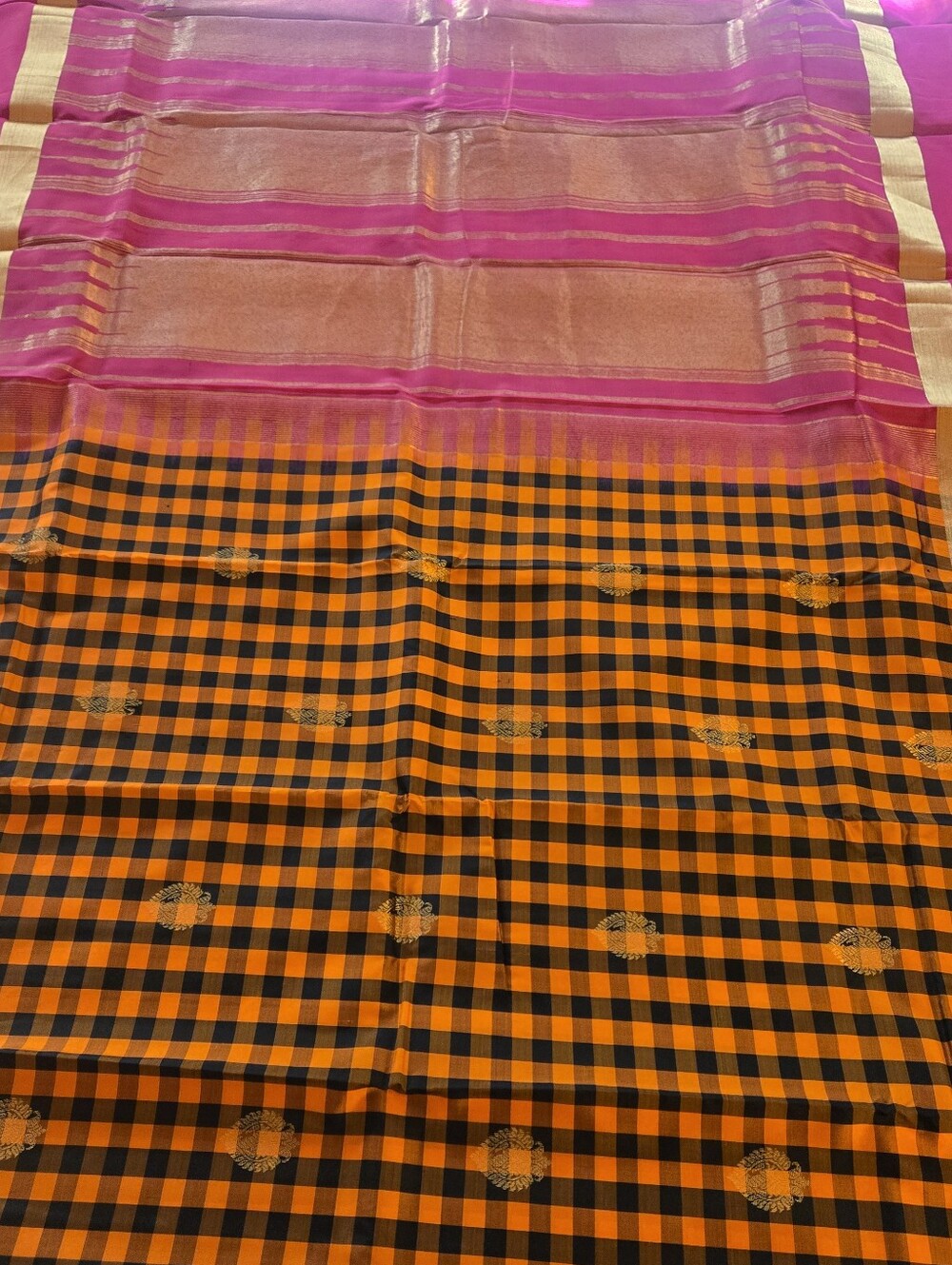Beautiful Orange & Black Checks Pure Katan Silk Sari With Pink Zari Border & BP